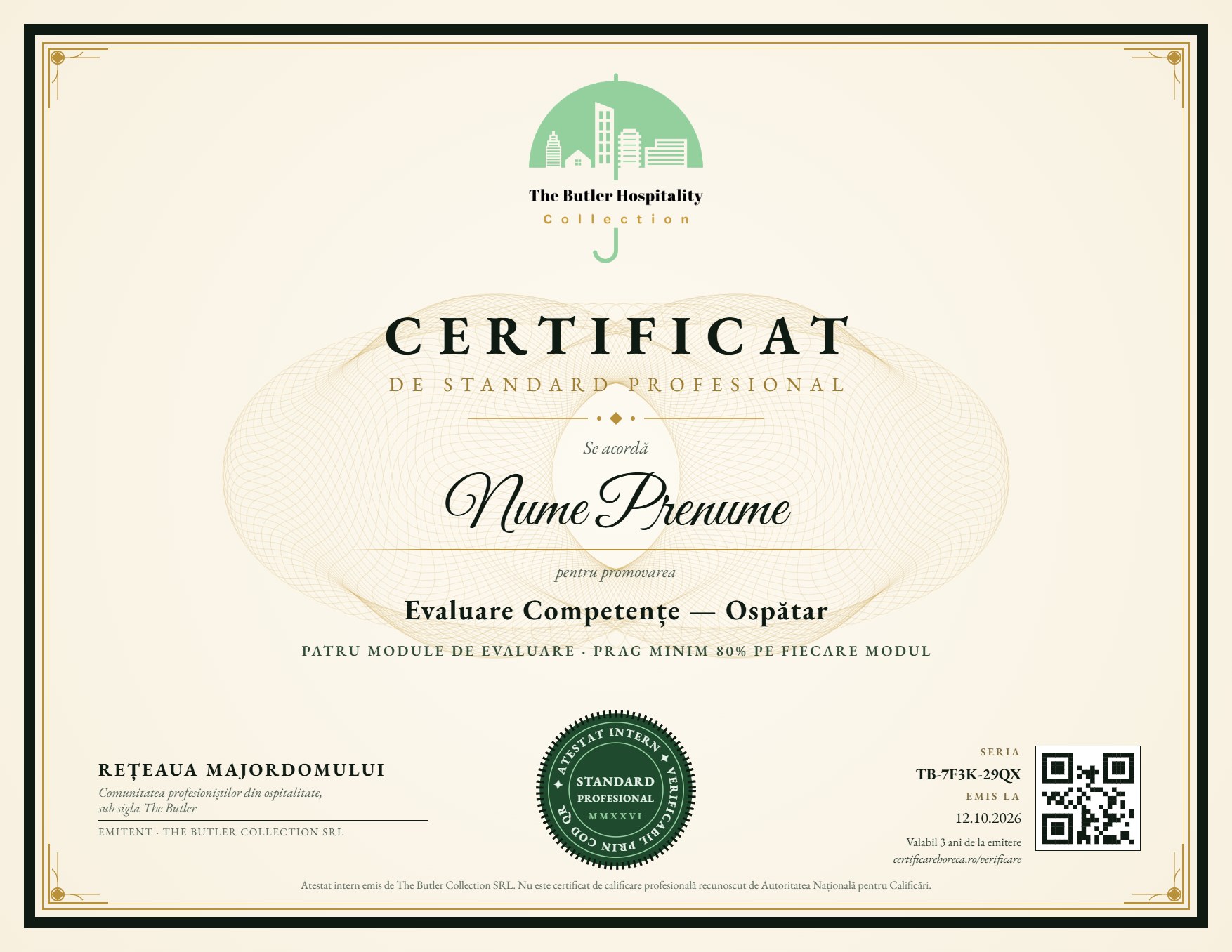 Exemplu de Certificat de Standard Profesional The Butler, cu ștampila și cod QR